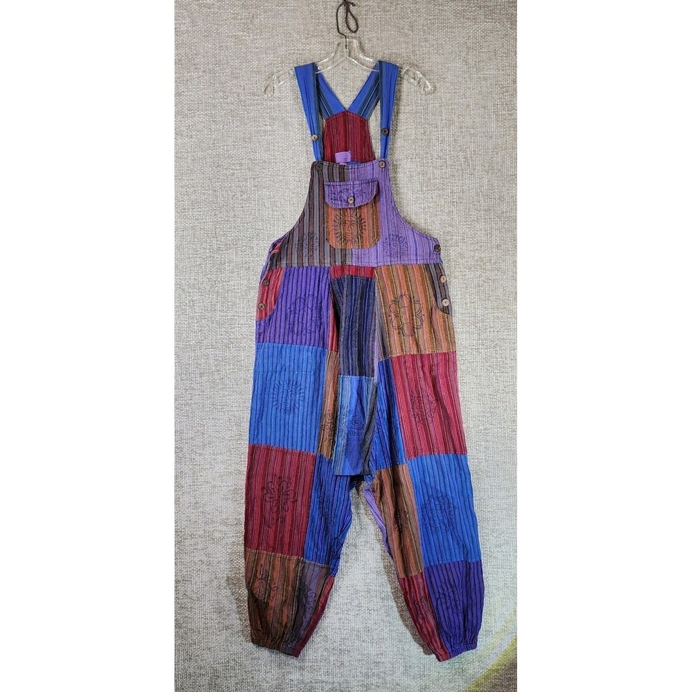 Yak & Yeti Patchwork Harem Overalls Womens M/L Striped Festival Bohemian VTG